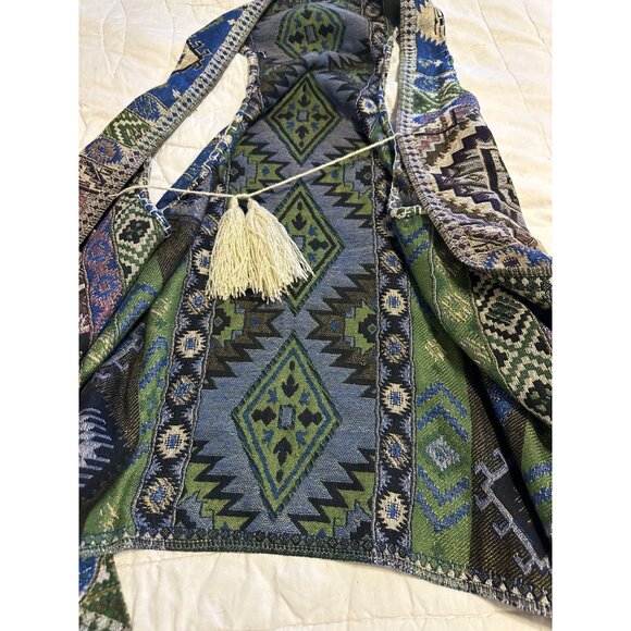 Artsy Aztec Tapestry Long Vest Fringe & Tassels Boho Coastal Cowgirl Hippie  O/S - Picture 5 of 11